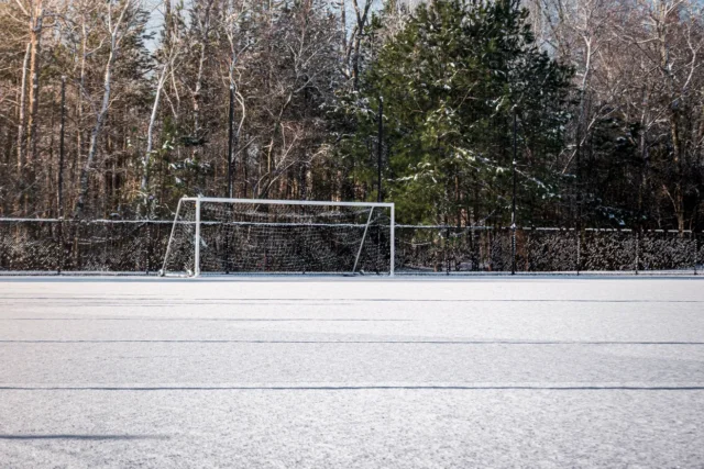 Un teren de fotbal acoperit de zăpadă cu un stâlp de poartă, înconjurat de copaci.