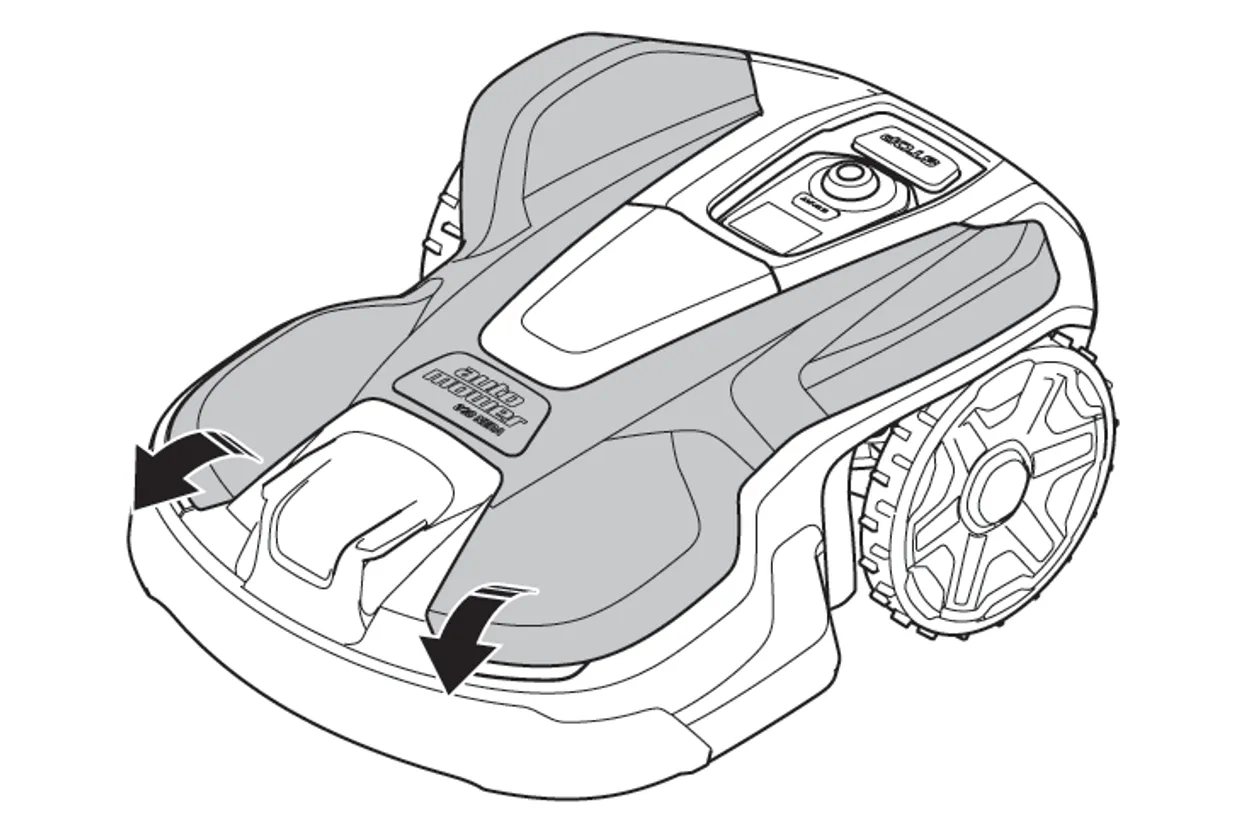 Ilustrație a unei mașini de tuns iarba robotizate cu săgeți direcționale care indică mișcarea.