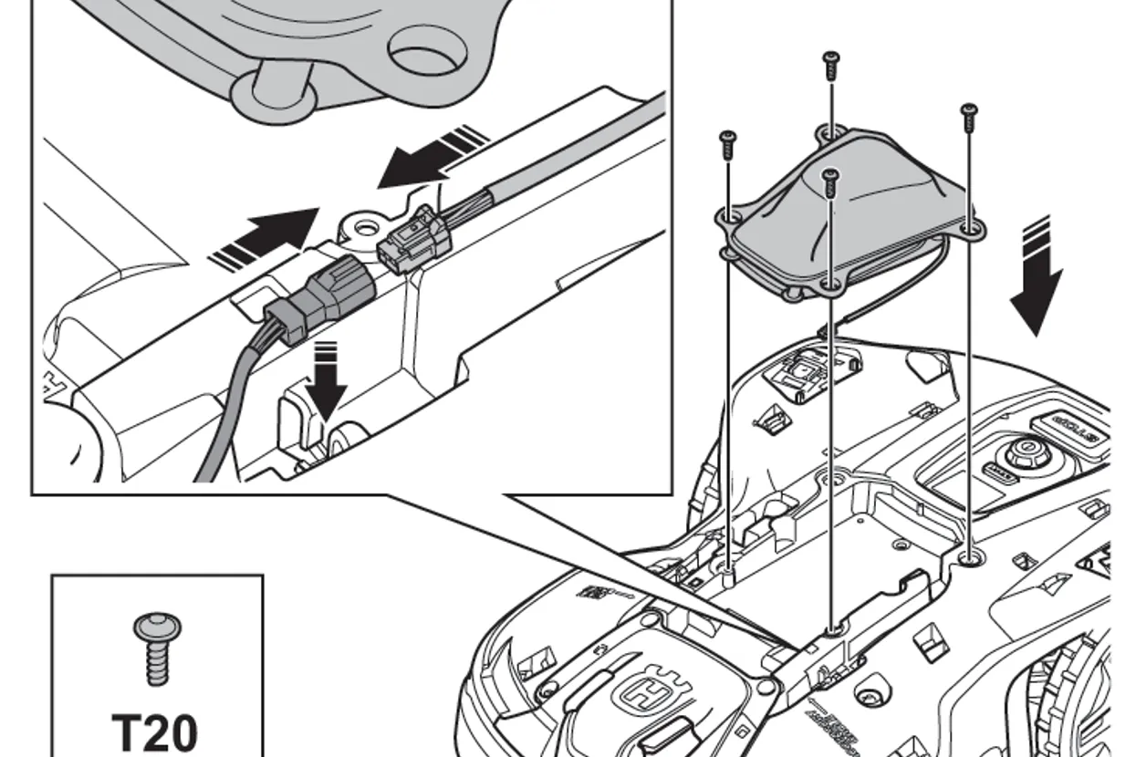 Ilustrație care arată procesul de asamblare a unei mașini robotizate de tuns iarba cu accent pe șurubul tip T20.