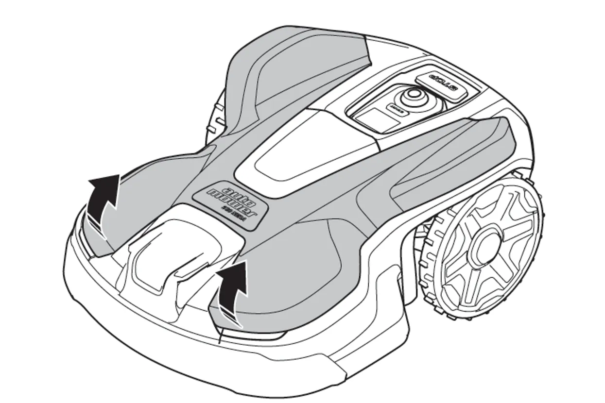 Ilustrație a unei mașini de tuns iarba robotizate cu săgeți care indică părți ale dispozitivului.
