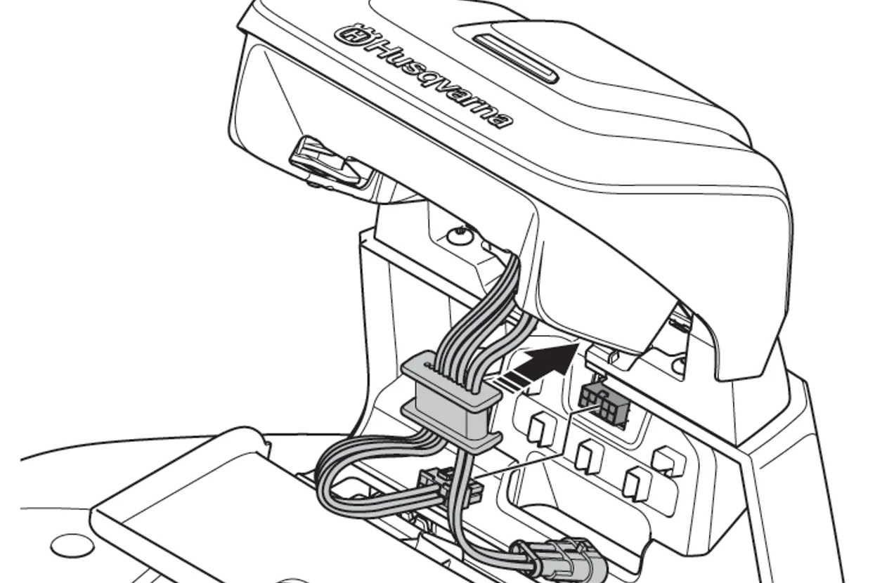 Ilustrație care arată cablajul și componentele interne ale unui produs Husqvarna.