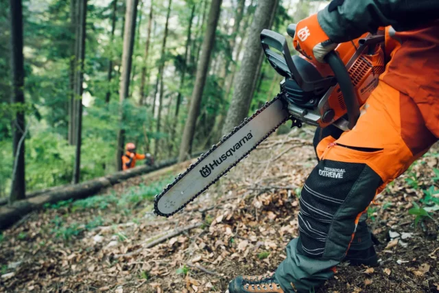 O persoană care folosește o drujbă Husqvarna într-un cadru forestier, o altă persoană vizibilă în fundal.