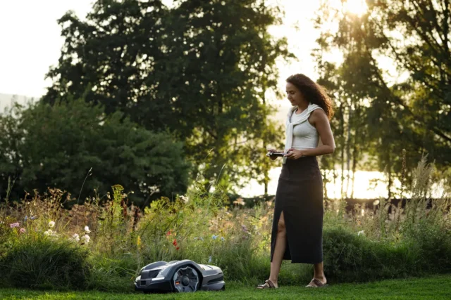 O persoană care stă într-o grădină, supraveghează o mașină de tuns iarba robotizată care funcționează pe iarbă.