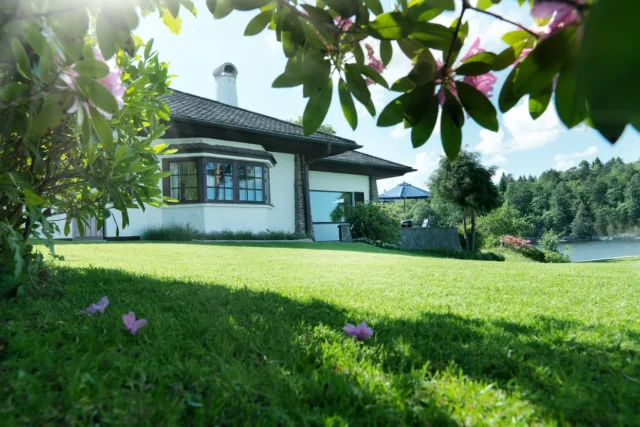 O grădină liniștită, cu gazon bine întreținut și o casă în fundal, înconjurată de verdeață.